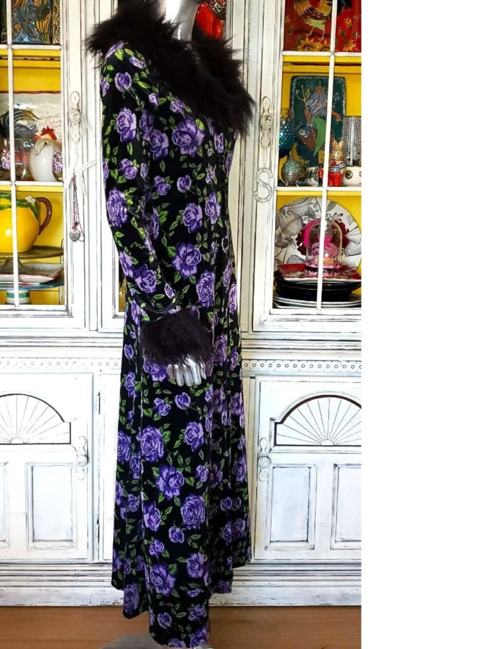 Betsey Johnson Black Velvet Floral Faux Fur Duster Opera Coat Long Dress Jacket - Picture 5 of 16